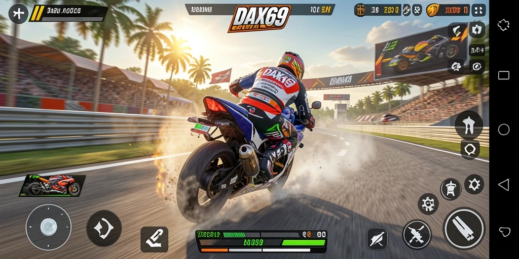 Screenshot gameplay DAX69 menunjukkan aksi balapan motor yang mendebarkan.