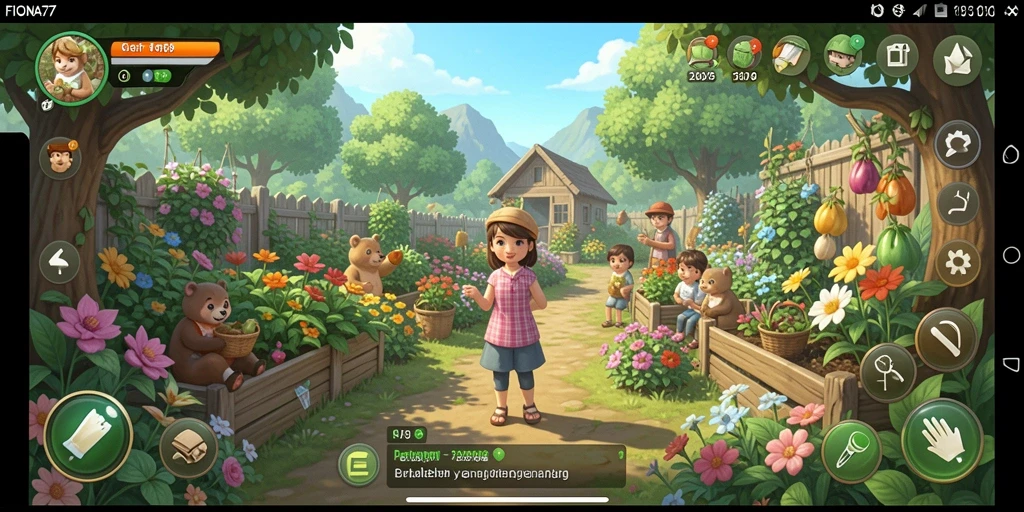Screenshot gameplay FIONA77 menampilkan proses berkebun yang menyenangkan.