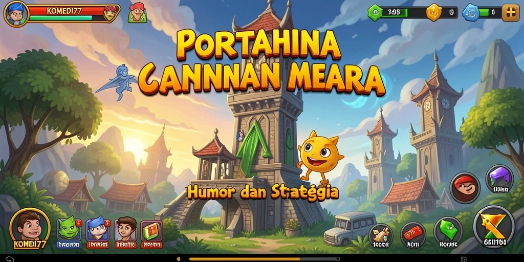 Tampilan gameplay KOMEDI77 dengan karakter dan menara yang unik dalam pertempuran.