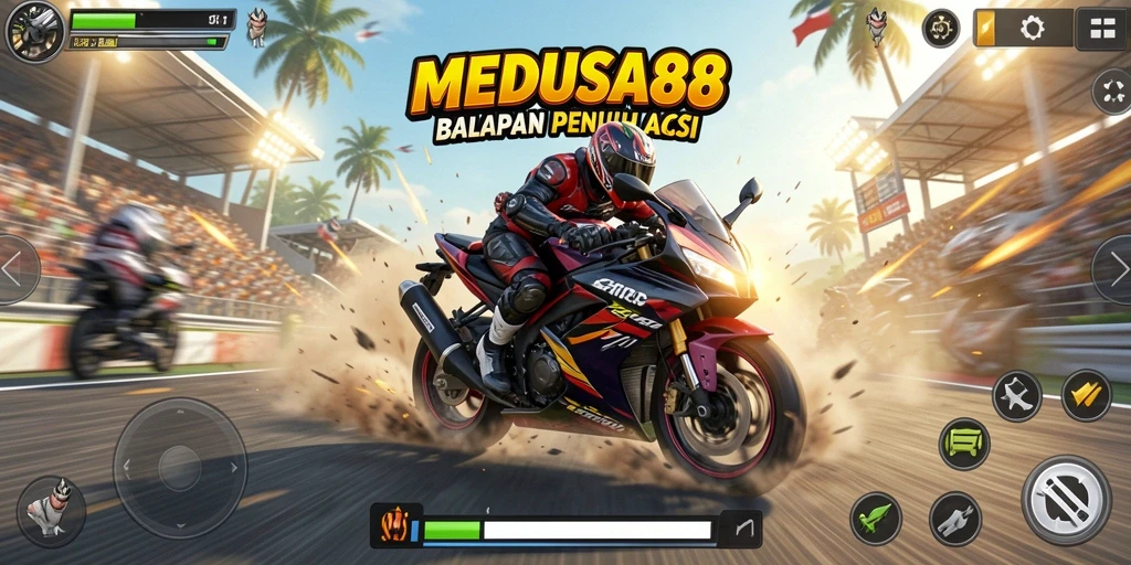 Tampilan gameplay seru dan mendebarkan dari MEDUSA88, balapan motor yang menantang.