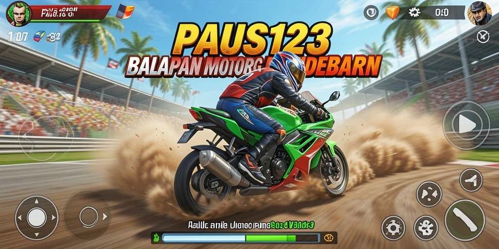 Screenshot gameplay menampilkan aksi balapan motor yang seru.