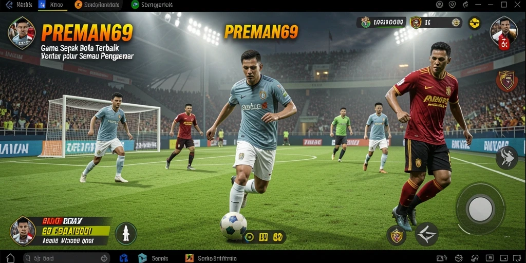 Tampilan gameplay PREMAN69 menunjukkan aksi seru dalam pertandingan sepak bola.
