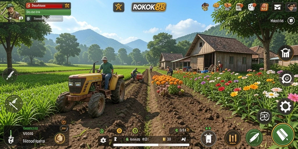 Tampilan gameplay <strong>ROKOK88</strong> menampilkan kebun yang subur dan hewan ternak yang sehat.