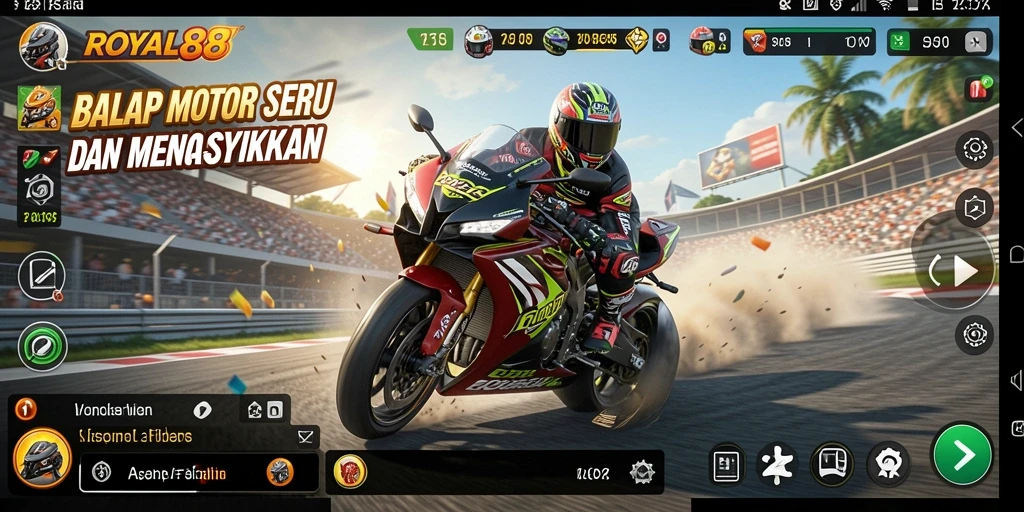 Tangkapan layar utama ROYAL88 menampilkan aksi balap motor yang mendebarkan.