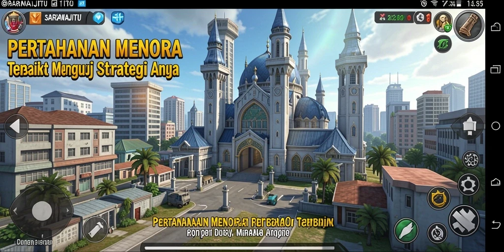 Tampilan gameplay SARANAJITU dengan menara dan musuh yang menegangkan.