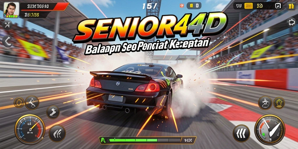 Screenshot gameplay SENIOR4D yang menampilkan aksi balapan mendebarkan.