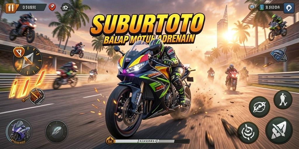 Tampilan gameplay menegangkan di SUBURTOTO dengan balapan motor yang seru.