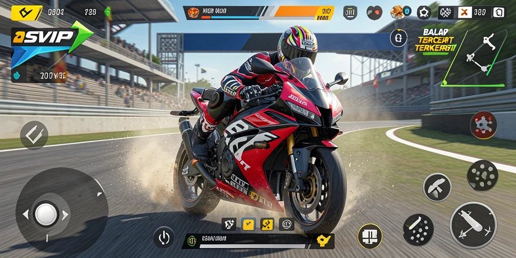 Screenshot gameplay SVIP1 menampilkan aksi balap motor yang mendebarkan.